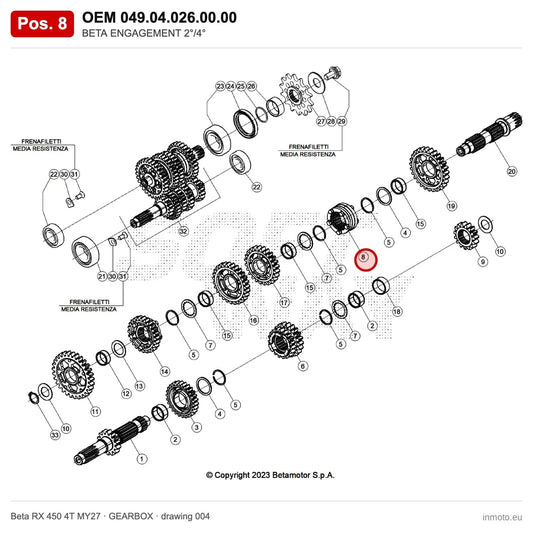 BETA ENGAGEMENT 2°/4° – OEM 049.04.026.00.00, position 8 on the Beta RX 450 4T MY27 gearbox drawing