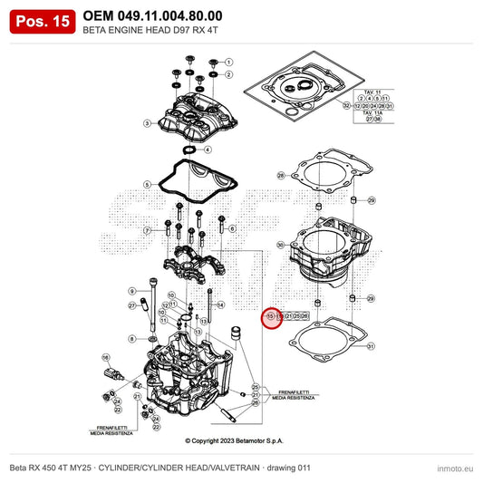 BETA ENGINE HEAD D97 RX 4T – OEM 049.11.004.80.00, position 15 on the Beta RX 450 4T MY25 cylinder/cylinder head/valvetrain drawing
