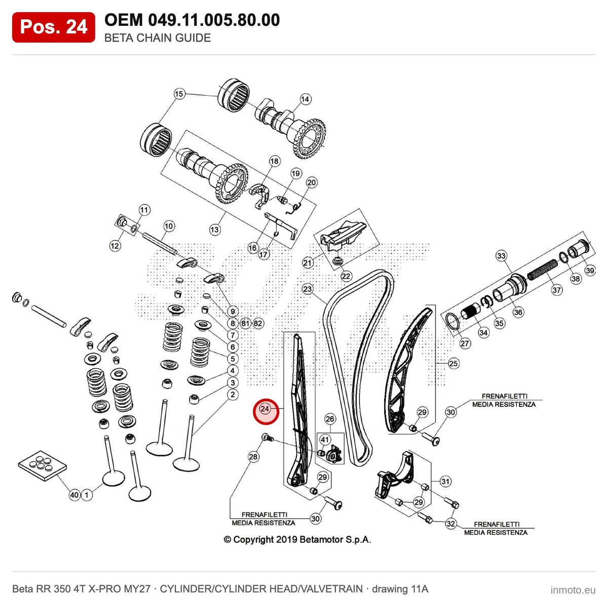 BETA CHAIN GUIDE 4T – OEM 049.11.005.80.00, position 24 on the Beta RR 350 4T X-PRO MY27 cylinder/cylinder head/valvetrain drawing
