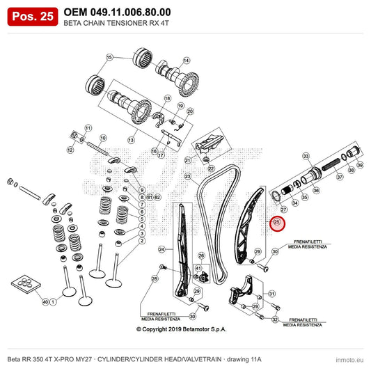 BETA CHAIN TENSIONER 4T – OEM 049.11.006.80.00, position 25 on the Beta RR 350 4T X-PRO MY27 cylinder/cylinder head/valvetrain drawing