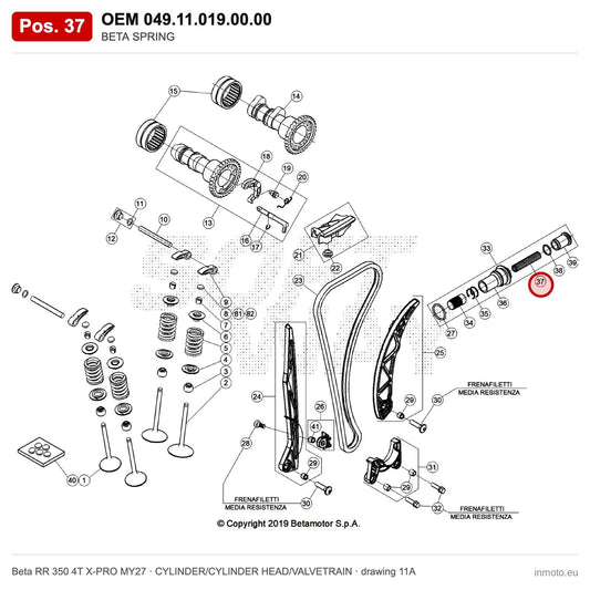 BETA SPRING – OEM 049.11.019.00.00, position 37 on the Beta RR 350 4T X-PRO MY27 cylinder/cylinder head/valvetrain drawing