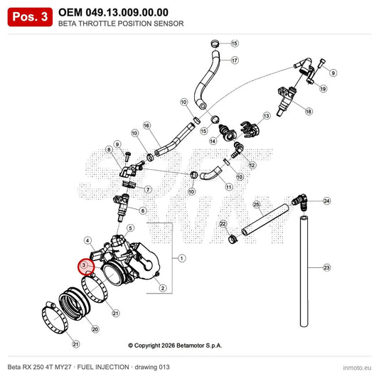 BETA THROTTLE POSITION SENSOR – OEM 049.13.009.00.00, position 3 on the Beta RX 250 4T MY27 fuel injection drawing