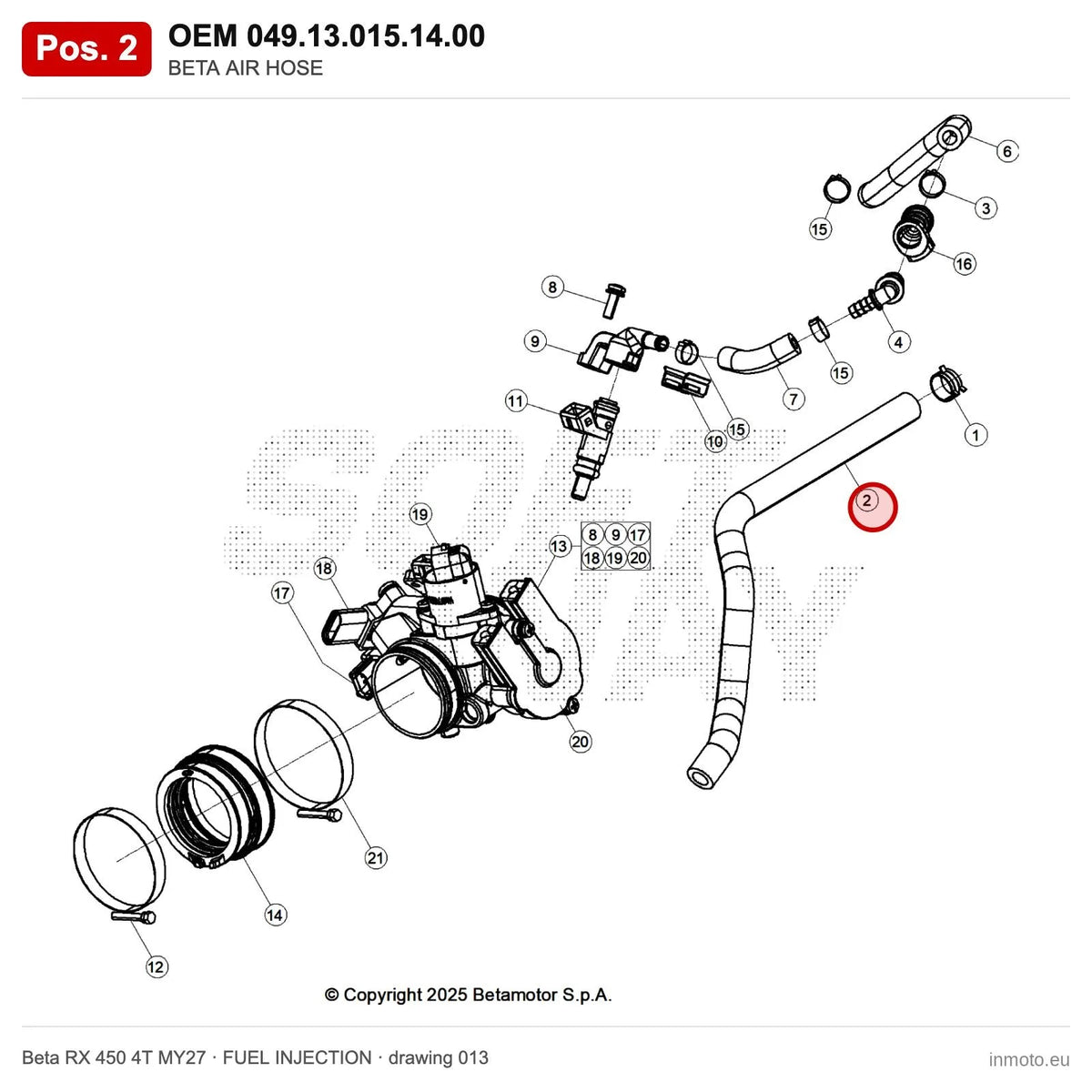 BETA AIR HOSE – OEM 049.13.015.14.00, position 2 on the Beta RX 450 4T MY27 fuel injection drawing