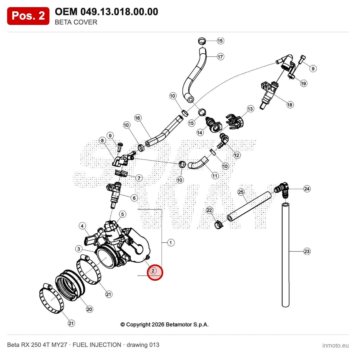 BETA COVER – OEM 049.13.018.00.00, position 2 on the Beta RX 250 4T MY27 fuel injection drawing
