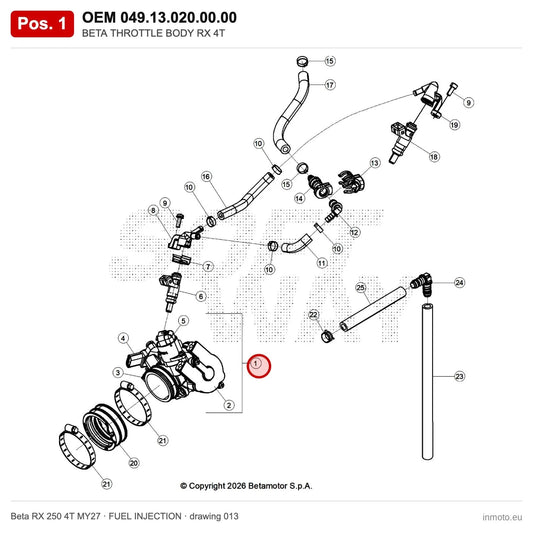 BETA THROTTLE BODY RX 4T – OEM 049.13.020.00.00, position 1 on the Beta RX 250 4T MY27 fuel injection drawing