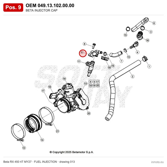 BETA INJECTOR CAP – OEM 049.13.102.00.00, position 9 on the Beta RX 450 4T MY27 fuel injection drawing
