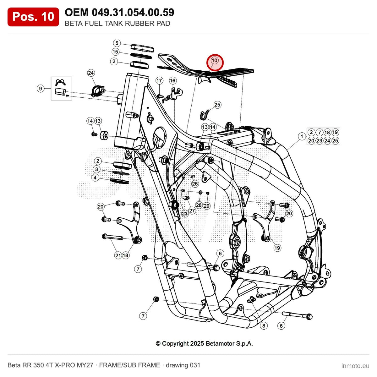 BETA FUEL TANK RUBBER PAD – OEM 049.31.054.00.59, position 10 on the Beta RR 350 4T X-PRO MY27 frame/sub frame drawing