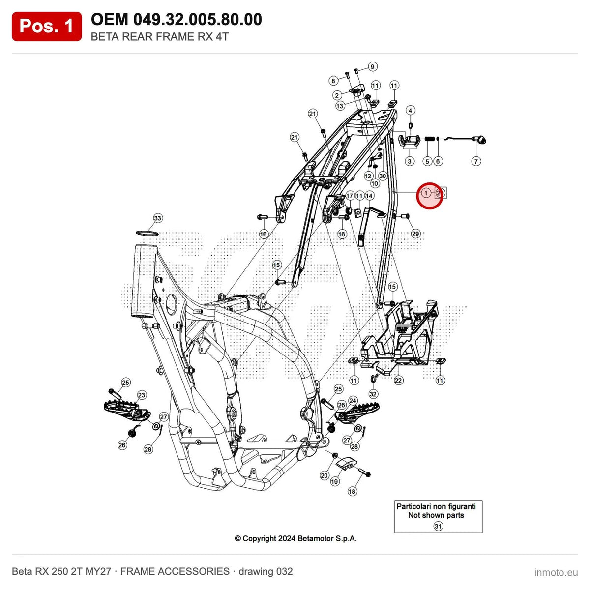 BETA REAR FRAME RX 4T – OEM 049.32.005.80.00, position 1 on the Beta RX 250 2T MY27 frame accessories drawing