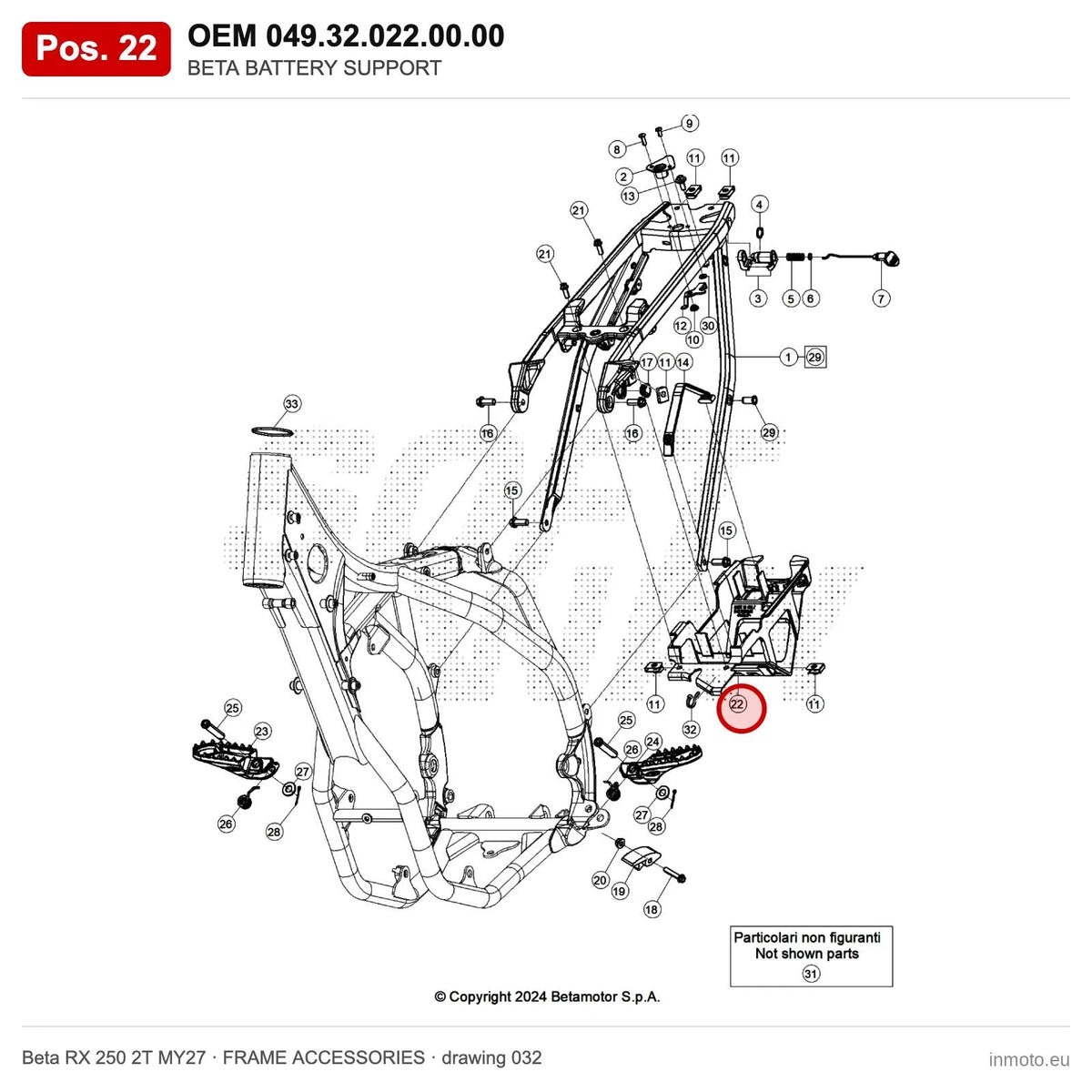 BETA BATTERY SUPPORT – OEM 049.32.022.00.00, position 22 on the Beta RX 250 2T MY27 frame accessories drawing