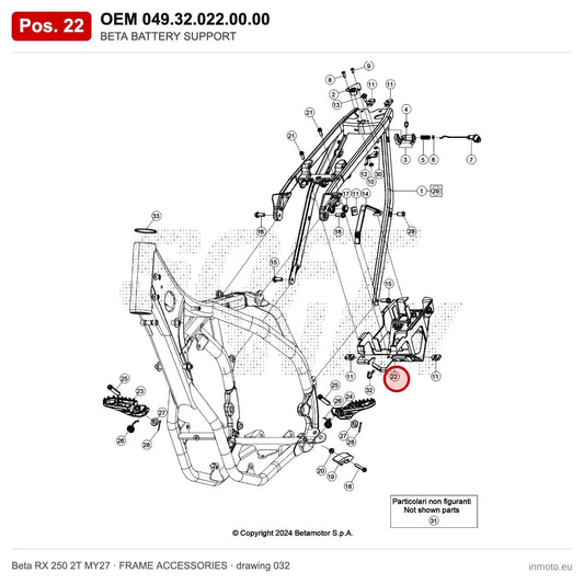 BETA BATTERY SUPPORT – OEM 049.32.022.00.00, position 22 on the Beta RX 250 2T MY27 frame accessories drawing
