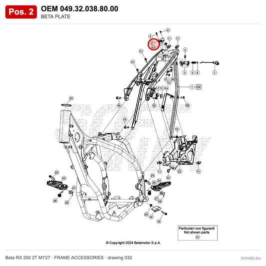 BETA PLATE – OEM 049.32.038.80.00, position 2 on the Beta RX 250 2T MY27 frame accessories drawing