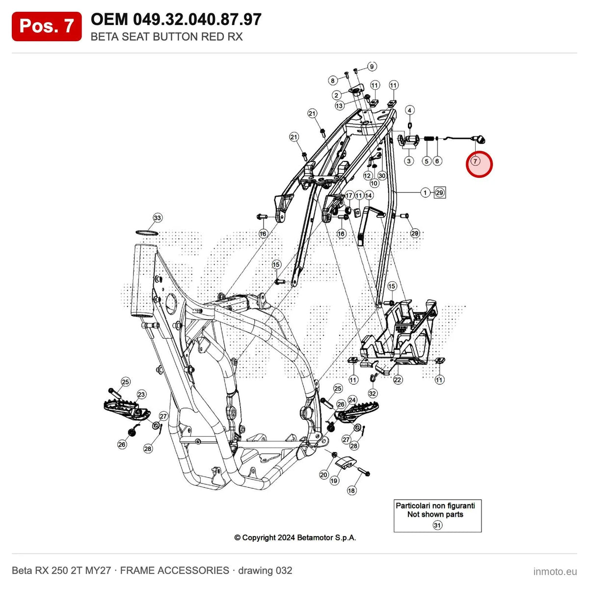 BETA SEAT BUTTON RED RX – OEM 049.32.040.87.97, position 7 on the Beta RX 250 2T MY27 frame accessories drawing