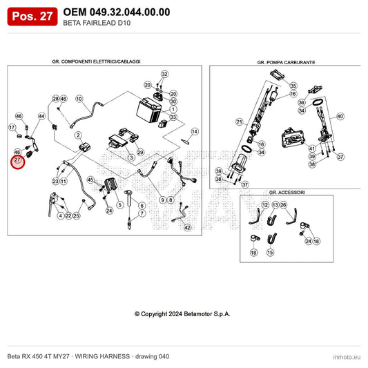 BETA FAIRLEAD D10 – OEM 049.32.044.00.00, position 27 on the Beta RX 450 4T MY27 wiring harness drawing
