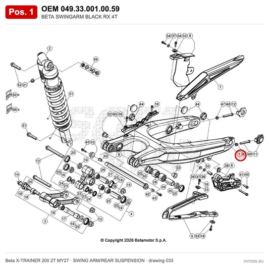 BETA SWINGARM BLACK – OEM 049.33.001.00.59, position 1 on the Beta X-TRAINER 200 2T MY27 swing arm/rear suspension drawing