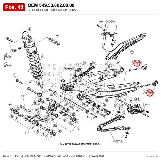 BETA SPECIAL BOLT M10X1,25X55 – OEM 049.33.002.00.00, position 48 on the Beta X-TRAINER 200 2T MY27 swing arm/rear suspension drawing