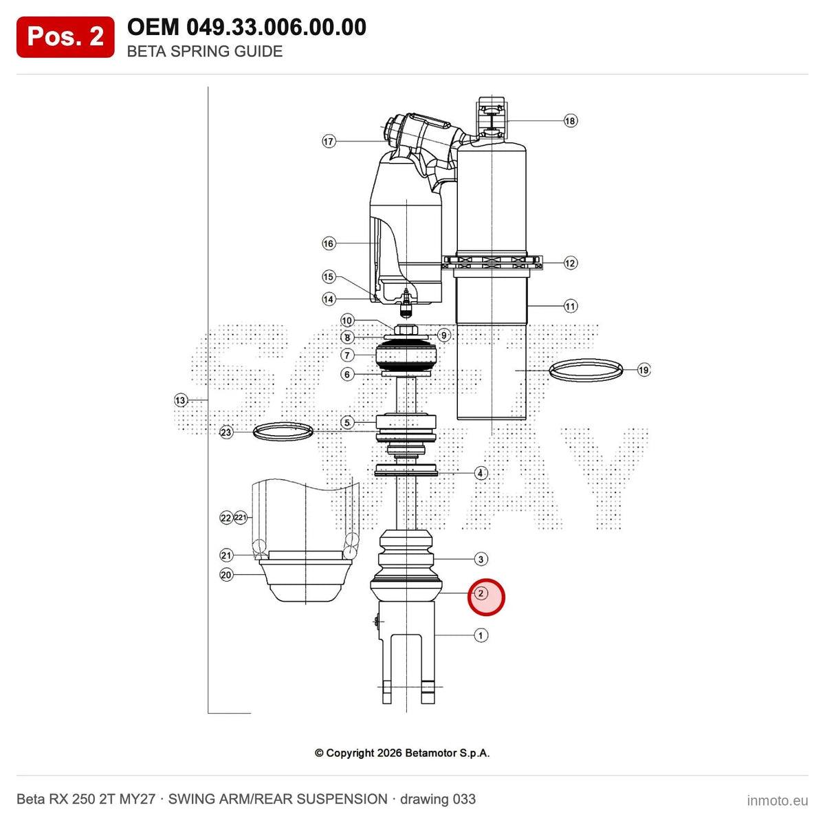 BETA SPRING GUIDE – OEM 049.33.006.00.00, position 2 on the Beta RX 250 2T MY27 swing arm/rear suspension drawing