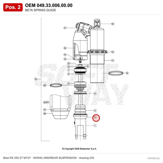 BETA SPRING GUIDE – OEM 049.33.006.00.00, position 2 on the Beta RX 250 2T MY27 swing arm/rear suspension drawing