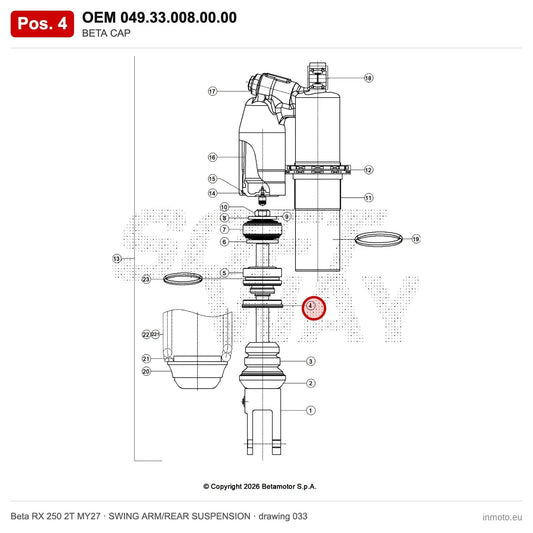 BETA CAP – OEM 049.33.008.00.00, position 4 on the Beta RX 250 2T MY27 swing arm/rear suspension drawing