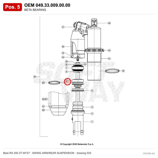 BETA BEARING – OEM 049.33.009.00.00, position 5 on the Beta RX 250 2T MY27 swing arm/rear suspension drawing