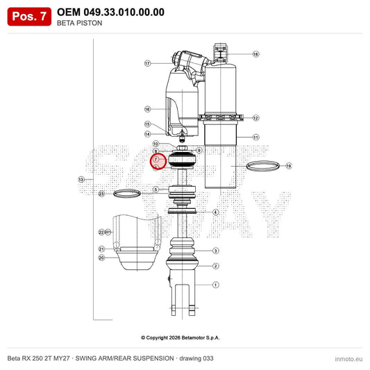 BETA PISTON – OEM 049.33.010.00.00, position 7 on the Beta RX 250 2T MY27 swing arm/rear suspension drawing