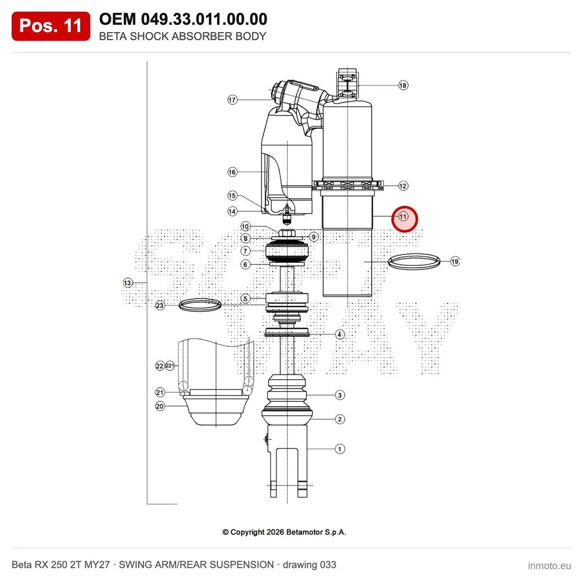 BETA SHOCK ABSORBER BODY – OEM 049.33.011.00.00, position 11 on the Beta RX 250 2T MY27 swing arm/rear suspension drawing