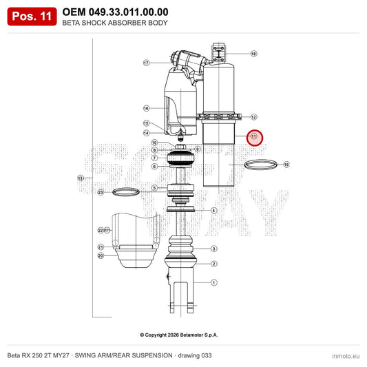 BETA SHOCK ABSORBER BODY – OEM 049.33.011.00.00, position 11 on the Beta RX 250 2T MY27 swing arm/rear suspension drawing