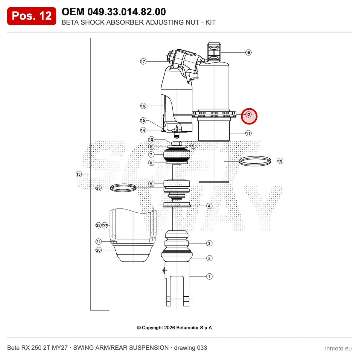 BETA SHOCK ABSORBER ADJUSTING NUT - KIT – OEM 049.33.014.82.00, position 12 on the Beta RX 250 2T MY27 swing arm/rear suspension drawing
