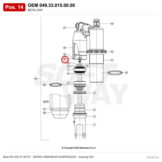 BETA CAP – OEM 049.33.015.00.00, position 14 on the Beta RX 250 2T MY27 swing arm/rear suspension drawing