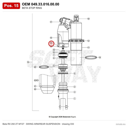 BETA STOP RING – OEM 049.33.016.00.00, position 15 on the Beta RX 250 2T MY27 swing arm/rear suspension drawing