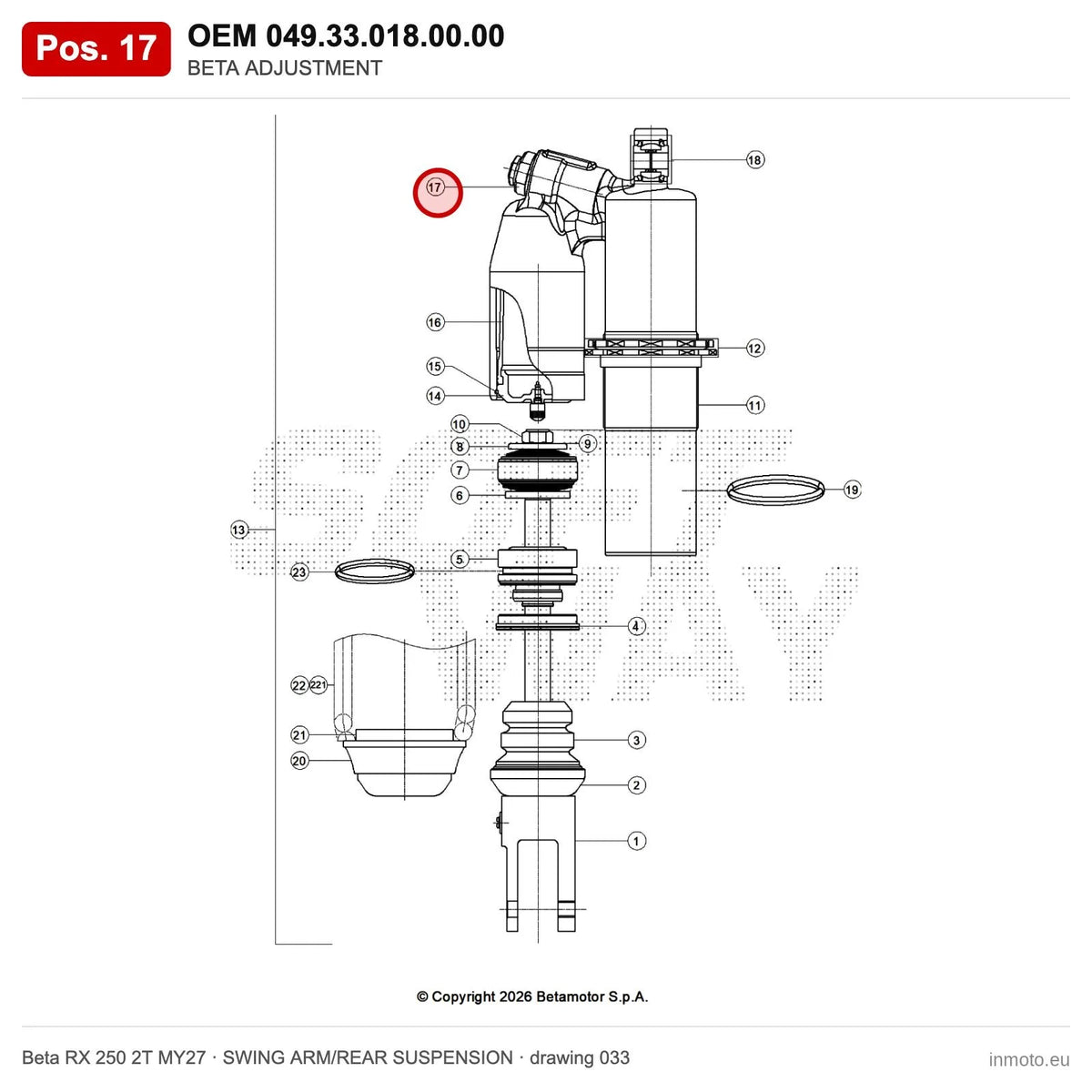 BETA ADJUSTMENT – OEM 049.33.018.00.00, position 17 on the Beta RX 250 2T MY27 swing arm/rear suspension drawing