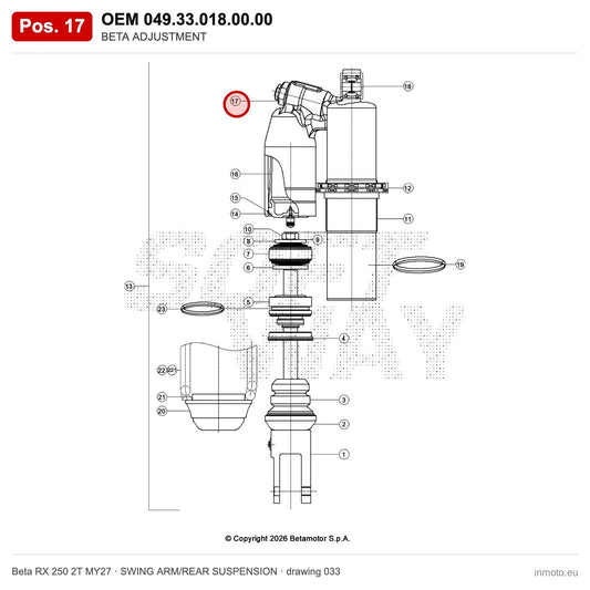 BETA ADJUSTMENT – OEM 049.33.018.00.00, position 17 on the Beta RX 250 2T MY27 swing arm/rear suspension drawing