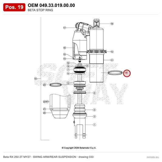 BETA STOP RING – OEM 049.33.019.00.00, position 19 on the Beta RX 250 2T MY27 swing arm/rear suspension drawing