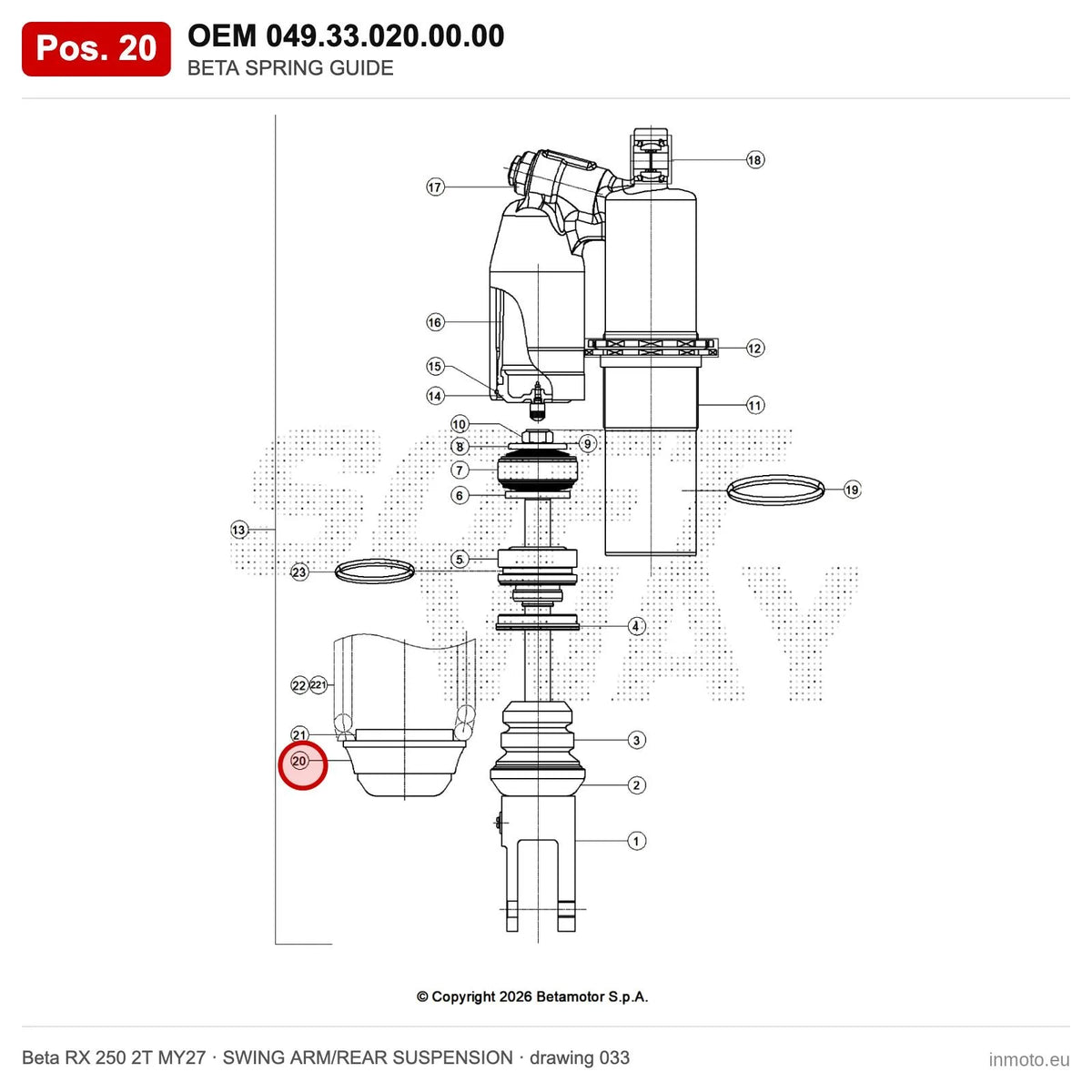 BETA SPRING GUIDE – OEM 049.33.020.00.00, position 20 on the Beta RX 250 2T MY27 swing arm/rear suspension drawing