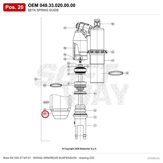 BETA SPRING GUIDE – OEM 049.33.020.00.00, position 20 on the Beta RX 250 2T MY27 swing arm/rear suspension drawing
