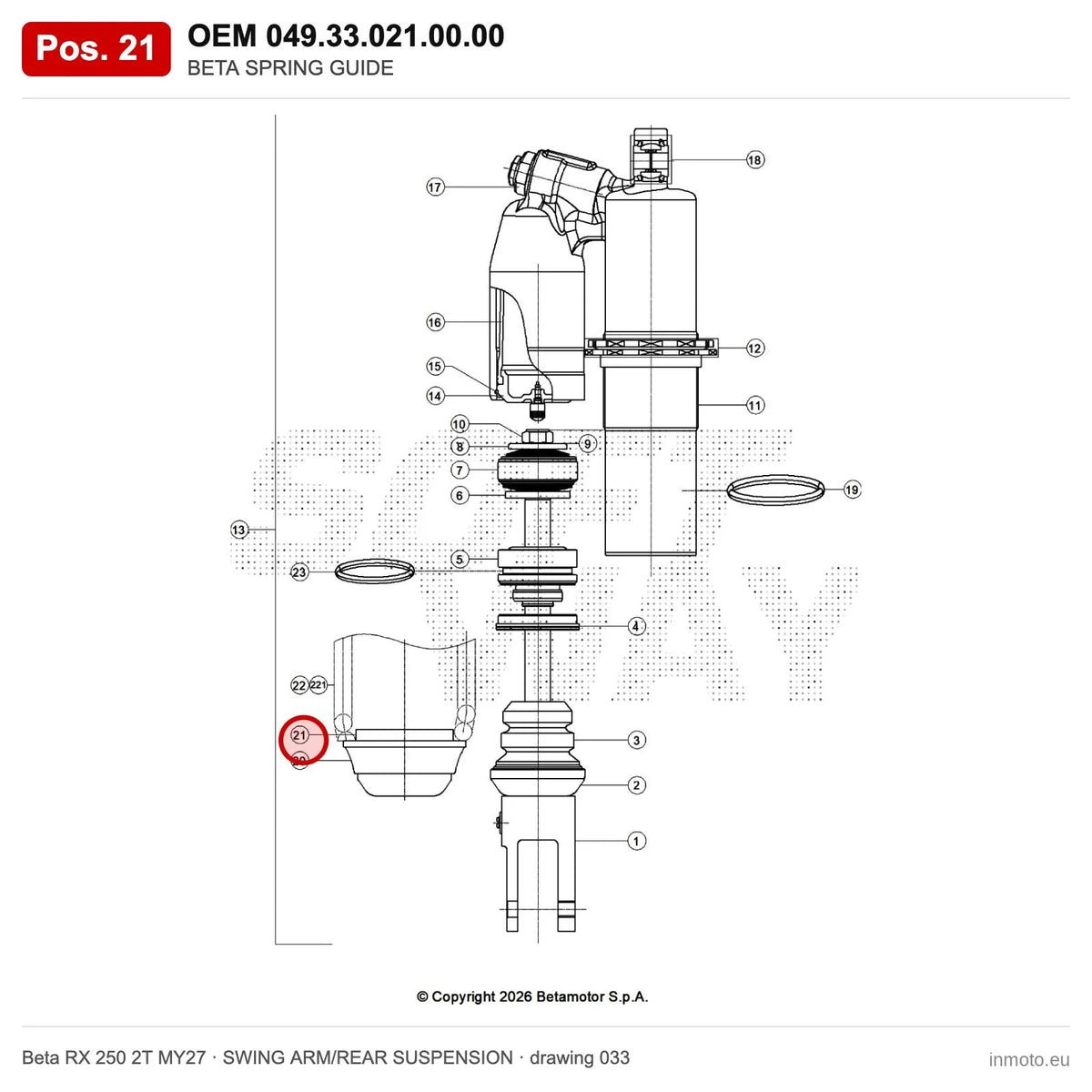 BETA SPRING GUIDE – OEM 049.33.021.00.00, position 21 on the Beta RX 250 2T MY27 swing arm/rear suspension drawing