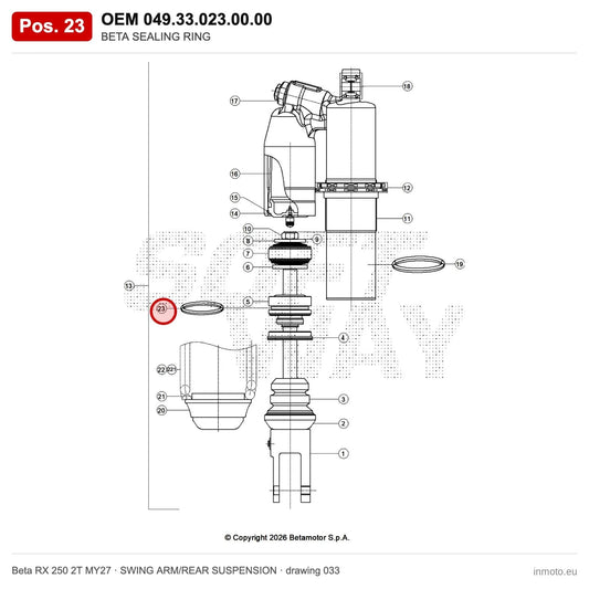 BETA SEALING RING – OEM 049.33.023.00.00, position 23 on the Beta RX 250 2T MY27 swing arm/rear suspension drawing