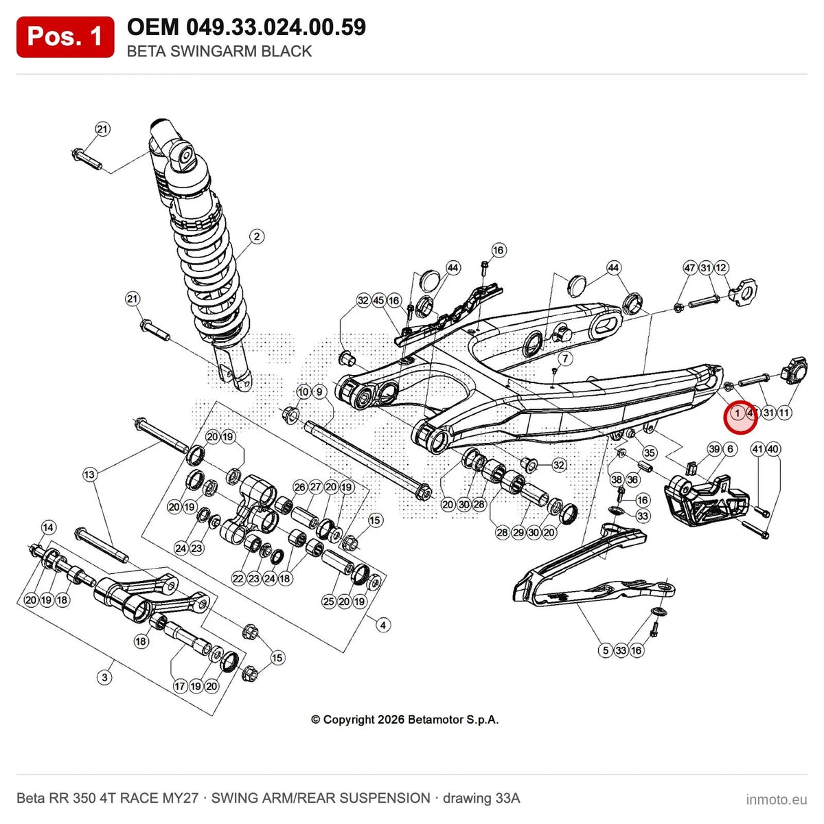 BETA SWINGARM BLACK – OEM 049.33.024.00.59, position 1 on the Beta RR 350 4T RACE MY27 swing arm/rear suspension drawing