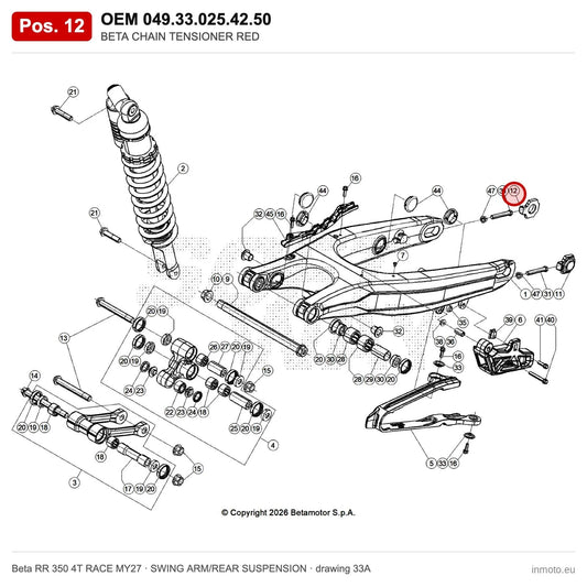BETA CHAIN TENSIONER RED – OEM 049.33.025.42.50, position 12 on the Beta RR 350 4T RACE MY27 swing arm/rear suspension drawing