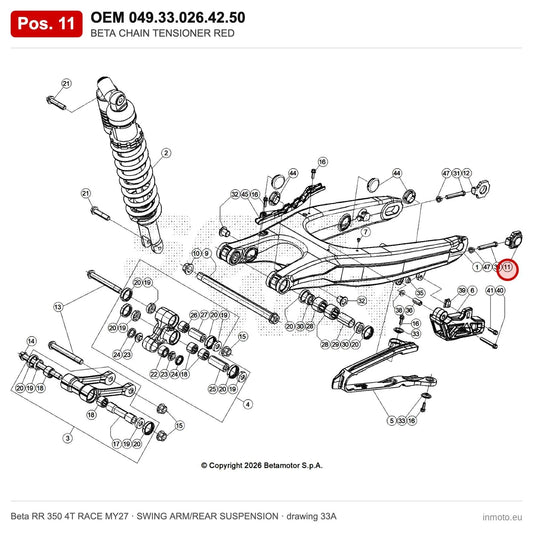 BETA CHAIN TENSIONER RED. – OEM 049.33.026.42.50, position 11 on the Beta RR 350 4T RACE MY27 swing arm/rear suspension drawing