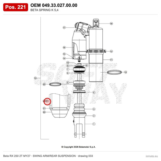BETA SPRING K 5,4 – OEM 049.33.027.00.00, position 221 on the Beta RX 250 2T MY27 swing arm/rear suspension drawing