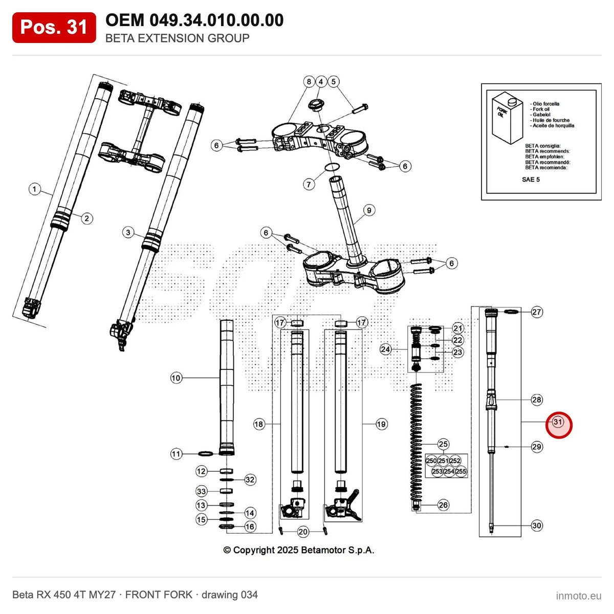 BETA EXTENSION GROUP – OEM 049.34.010.00.00, position 31 on the Beta RX 450 4T MY27 front fork drawing