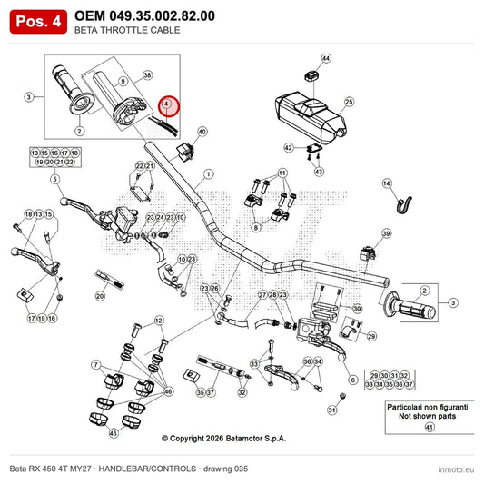 BETA THROTTLE CABLE – OEM 049.35.002.82.00, position 4 on the Beta RX 450 4T MY27 handlebar/controls drawing