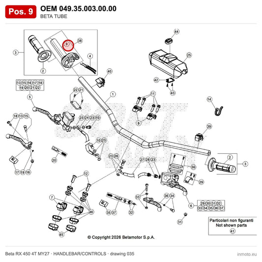 BETA TUBE – OEM 049.35.003.00.00, position 9 on the Beta RX 450 4T MY27 handlebar/controls drawing