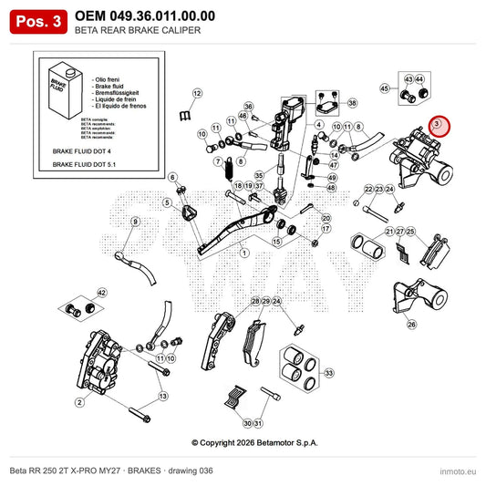 BETA REAR BRAKE CALIPER – OEM 049.36.011.00.00, position 3 on the Beta RR 250 2T X-PRO MY27 brakes drawing