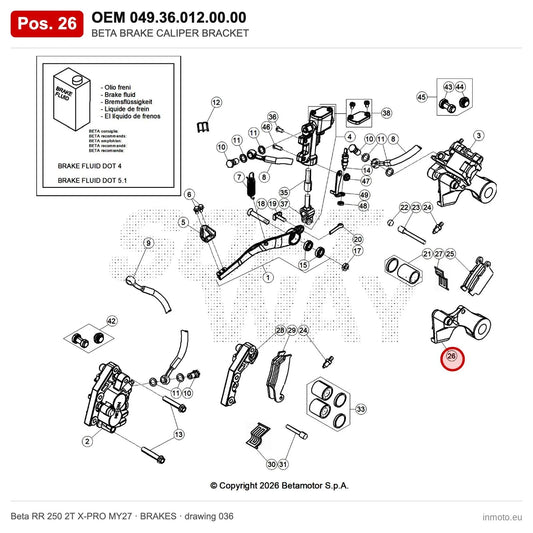 BETA BRAKE CALIPER BRACKET_2 – OEM 049.36.012.00.00, position 26 on the Beta RR 250 2T X-PRO MY27 brakes drawing