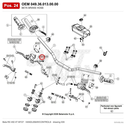 BETA BRAKE HOSE – OEM 049.36.013.00.00, position 24 on the Beta RX 450 4T MY27 handlebar/controls drawing