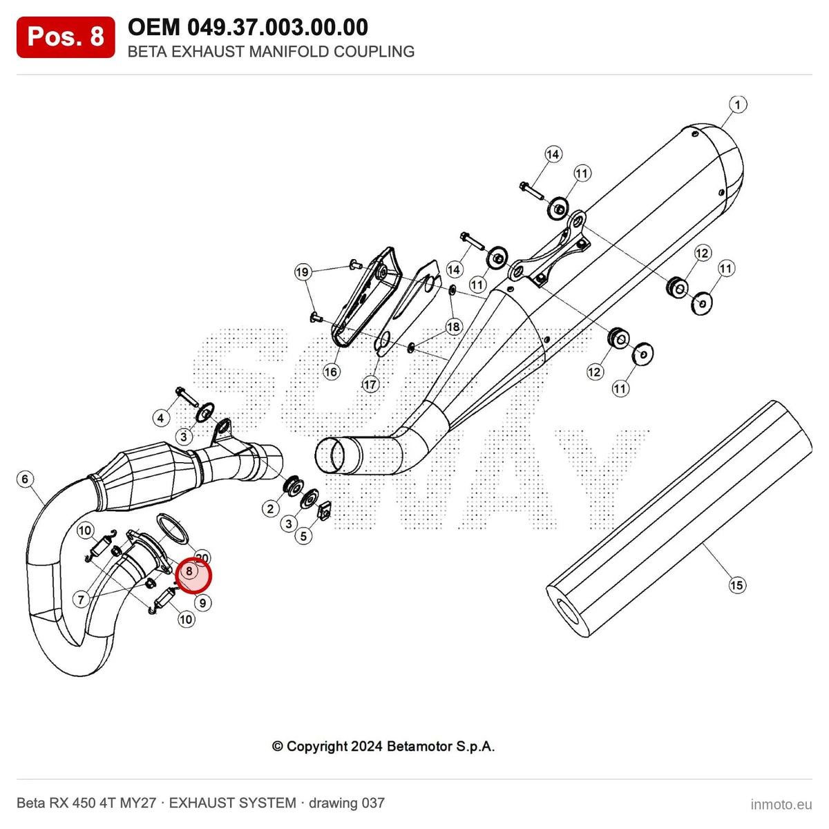 BETA EXHAUST MANIFOLD COUPLING – OEM 049.37.003.00.00, position 8 on the Beta RX 450 4T MY27 exhaust system drawing