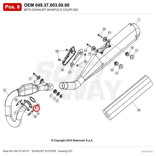 BETA EXHAUST MANIFOLD COUPLING – OEM 049.37.003.00.00, position 8 on the Beta RX 450 4T MY27 exhaust system drawing