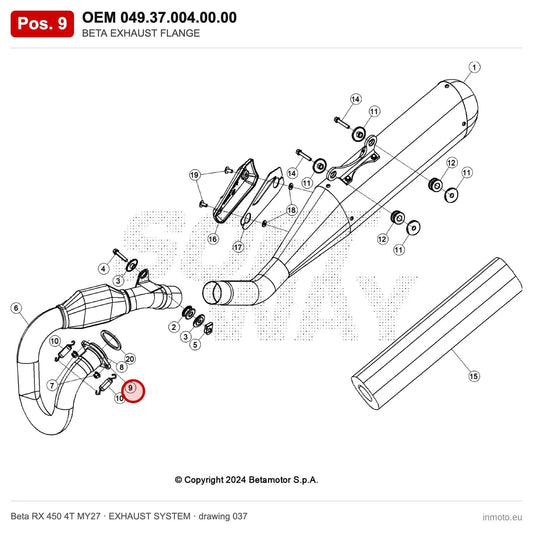 BETA EXHAUST FLANGE – OEM 049.37.004.00.00, position 9 on the Beta RX 450 4T MY27 exhaust system drawing