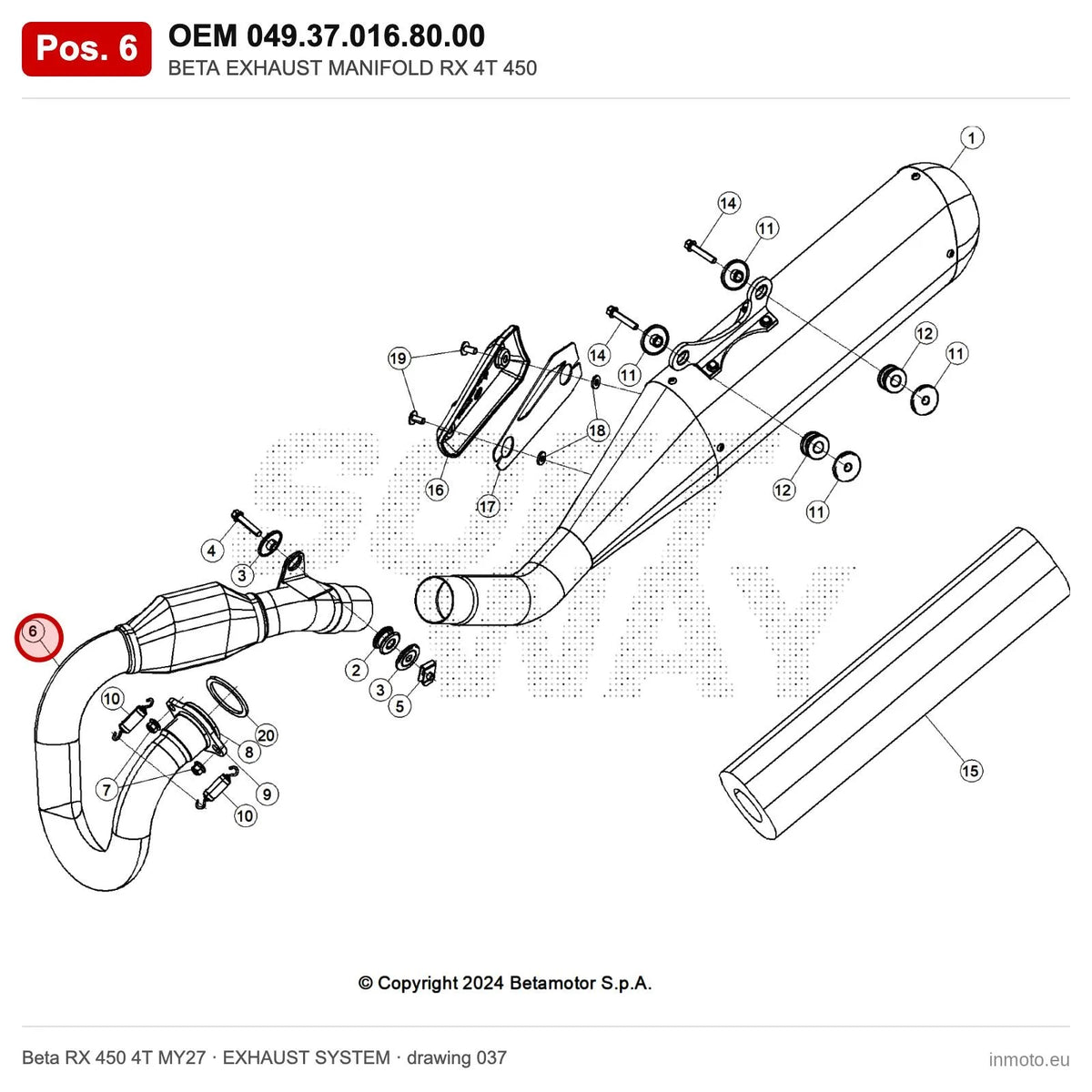 BETA EXHAUST MANIFOLD RX 4T 450 – OEM 049.37.016.80.00, position 6 on the Beta RX 450 4T MY27 exhaust system drawing